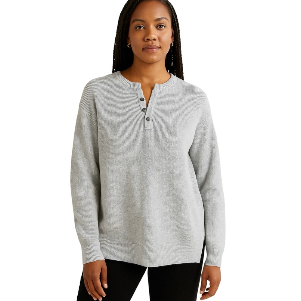 Le Chateau Gray Cotton V-Neck Henley Sweater